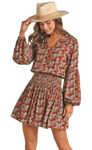 Rock & Roll Cowgirl Sz L Ditsy Floral Print Flowy Mini Dress Rust Copper Smocked Waist‎ thumbnail 1