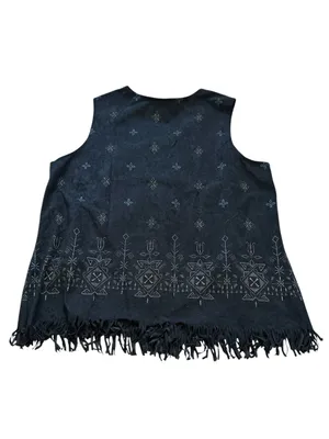 Vintage Black Faux Suede Vest Fringe Hem Embroidered Boho Western Festival thumbnail 8