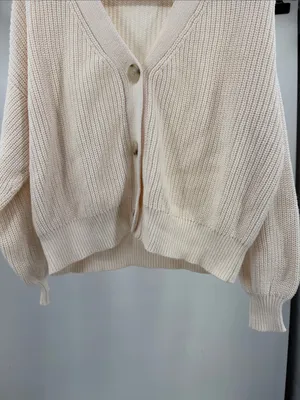LOFT Cream Ribbed slouchy cropped cardigan S cotton casual fall winter neutral thumbnail 8