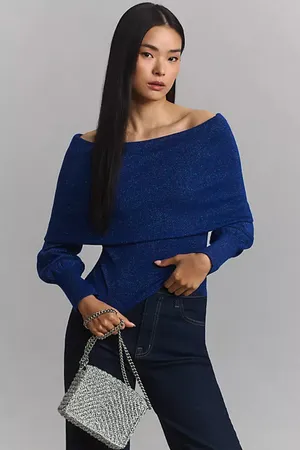 Anthropologie Sensual Off-the-Shoulder blue shimmer wool Sweater small thumbnail 1