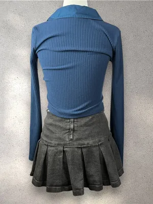 GUESS Lace-Up Collared Crop Top Women's XS Navy Ribbed Long Sleeve Y2K Cybercore thumbnail 2