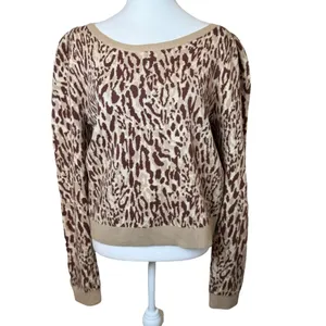 Anthropologie Maeve Knit Leopard Print Sweater XL Puff Sleeve Soft Chic‎ Neutral thumbnail 4