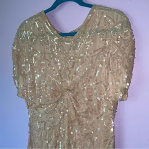 Vintage Size M Pastel Peach Silk Sequin Ball Gown Formal Dress Modest Hoco Prom thumbnail 2