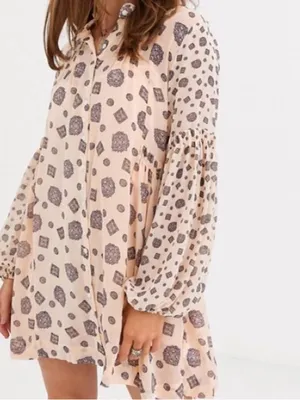 Free People Turn Turn Balloon Sleeve Mini Swing Dress beige sz M boho thumbnail 2
