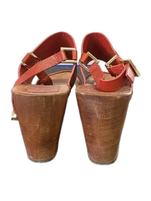 Tory Burch Womens Orange Gold Leather Wooden Wedge Sandals Size 9 Boho Preppy thumbnail 5
