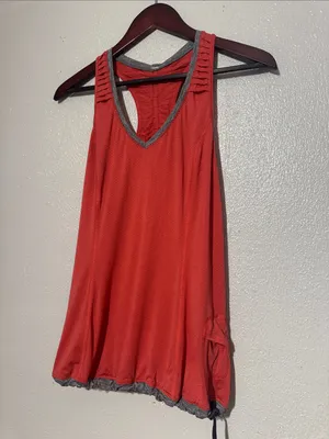 Lululemon Coral Red Gray Trim V-Neck Waistcord Racerback Athletic Tank Top 6 thumbnail 2