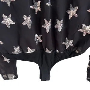 Buddy Love Black Silver Sequin Star Long Sleeve Wrap Bodysuit Womens Medium thumbnail 6