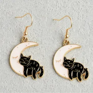 The Moon Exquisite Enamel Black Cat Design Dangle Earrings thumbnail 2