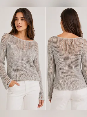 Diane Von Furstenberg Silver Metallic Open Knit Boat Neck Long Sleeve Sweater thumbnail 2