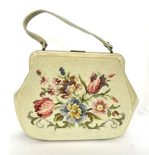 Vintage 50's Needlepoint Floral Purse Handbag Pockets Coin Purse Beige thumbnail 1