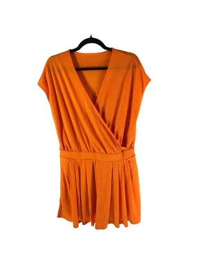 Halara V Neck Short Sleeve Pocket Waffle Casual Romper Orange L thumbnail 4