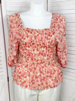 Nanette Lepore Cottagecore Floral Smocked Peplum‎ Puff Sleeve Blouse Pink Large thumbnail 1