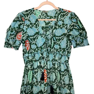 Lukap Paris Floral Cotton Maxi Dress Green Blue Smocked Puff Sleeve S/M Boho‎ thumbnail 4