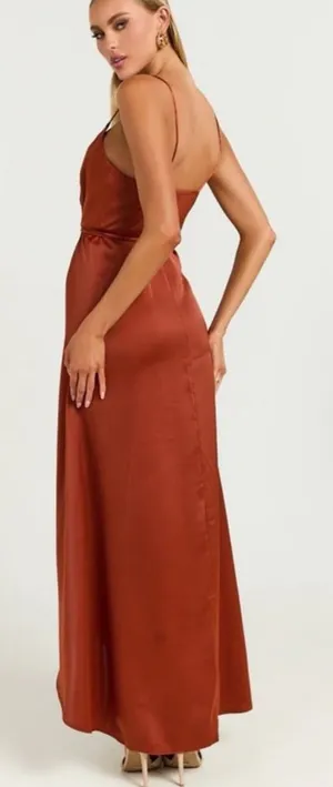 ShowPo. Terra Cotta Elegant Rust Satin Maxi Dress Size 6 Made in Australia‎ thumbnail 1