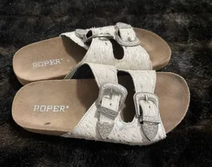 Roper Women's Desiree footbed sandals white and silver hair-on-hide Shoe 6 thumbnail 1