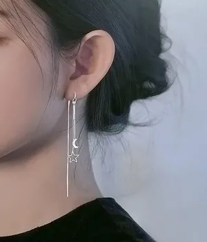 Silver Moon Star Threader Long Tassel Earring Chain, Drop Dangle Woman Earrings thumbnail 4