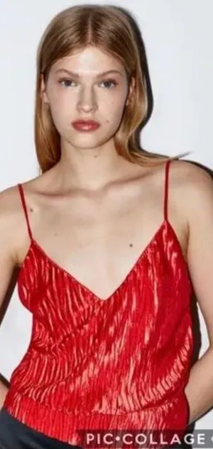 Crinkle Effect Peplum Tank Red Shiny Silk Satin V-Neck Cami Camisole Top M thumbnail 1