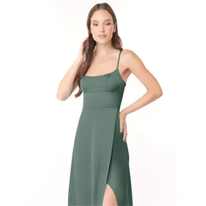✨Azazie Halsey Stretch Sea Moss A-Line Side Slit Stretch Satin Sz A8 Dress✨ thumbnail 4