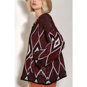NEW POL Burgundy Black Diamond Pattern Chunky Knit Cardigan S thumbnail 4