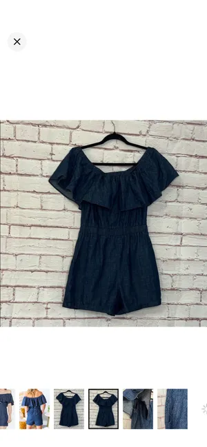 Storee Dark Chambray Off Shoulder Shorts Romper 100% Cotton Navy Small. Like new. Stretchy band around upper arms. Zipper on side. No stretch in body but stretchy waist. Pockets. 14” bust 21” rise 3” inseam thumbnail 4