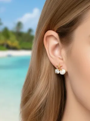 Gold Starfish & Shell Stud Earrings with White Enamel and Pearl Accent thumbnail 2
