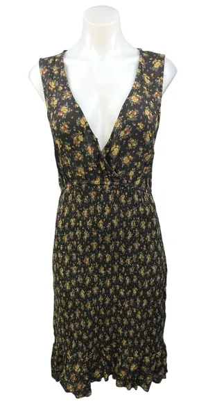American Eagle Black Multicolor Floral Smocked Sleeveless V-neck Bodycon Dress L thumbnail 1