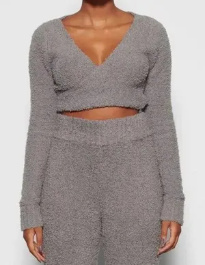 SKIMS Cozy knit Gray‎ cropped wrap top XXS / XS thumbnail 1