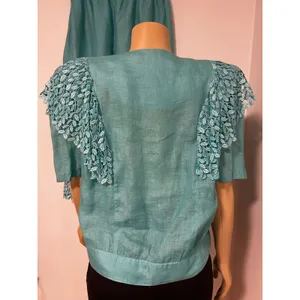 LERMAJ Vintage Teal Linen Blend Two Piece Set Lace Wrap Top Wide Leg Pants M/L thumbnail 7