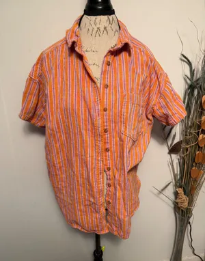 Pilcro Orange Pink‎ Stripe Button Down Shirt Women's Size M Casual Short Sleeve thumbnail 1