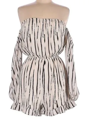 Wild Honey Womens Off Shoulder Romper Cream‎ Black Stripe Balloon Sleeve Medium thumbnail 1