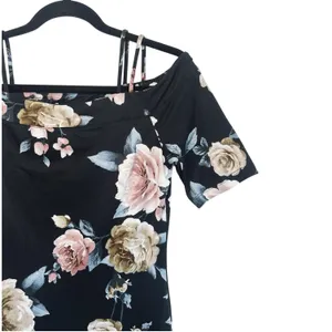 Haute Monde Floral Midi Dress M Black Off The Shoulder Sheath Bodycon‎ Pink Rose thumbnail 6