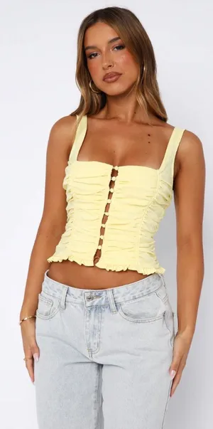 White Fox Bare With Me Bustier Top‎ Lemon Yellow Ruched Corset Tank Size Medium thumbnail 1