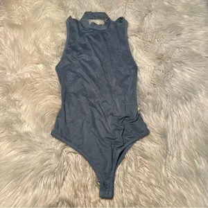 Forever‎ 21 Women's Size Small Bodysuit Mock Neck Faux Suede Light Blue Gray thumbnail 2