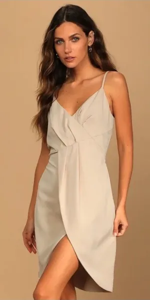 Lulu's Beige Wrap-Front Midi Dress thumbnail 1