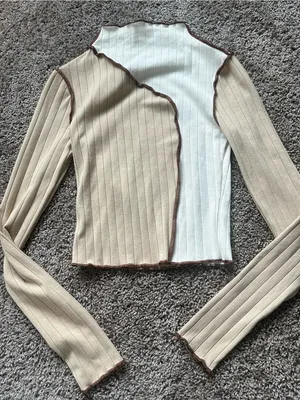 Timing Two-Tone Ribbed Long-Sleeve Top in Beige, White & Brown Trim thumbnail 1
