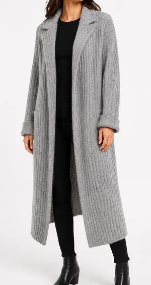 Women's Long Cardigan Sweater Gray Sz M Lambswool Ribbed Belted Open Front Cozy thumbnail 1