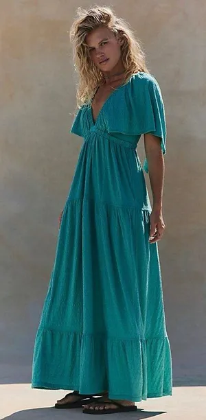 Anthropologie Teal maxi dress textured flutter short sleeve vneck ruffle tiered la la free-est thumbnail 1