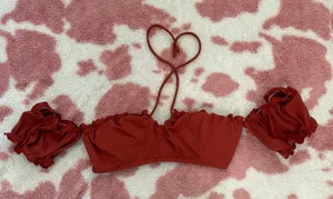 Rust Red Puff Sleeve Bikini Top Size S | Padded Bra Cups | Ruffle Trim Swimwear thumbnail 1