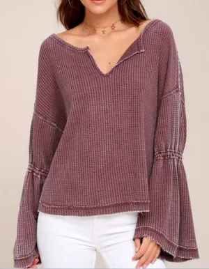 Free People Dahlia Long Bell Sleeve Thermal Waffle Knit Top Plum Maroon Small thumbnail 1