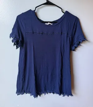 Navy Crochet Trim Boho Short Sleeve Top Women’s Large thumbnail 1