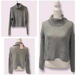 Missguided NWT Women Medium Grey Turtleneck Long Sleeve Knit Crop Top Sweater thumbnail 2