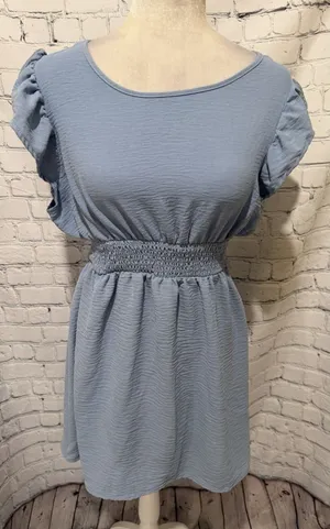 NWT No Comment Juniors Blue Flutter Sleeve Mini Dress Size XL thumbnail 1