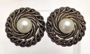 Vintage Clip On Earrings Large Chunky Statement Dark Bronzeish Tone Faux Pearl thumbnail 1
