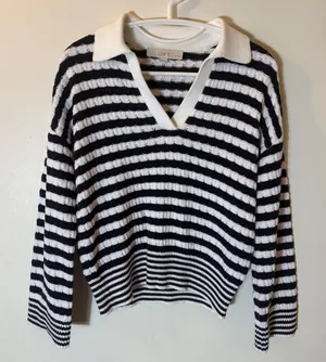 LOFT Striped‎ Polo Sweater Size XSP Navy White thumbnail 1