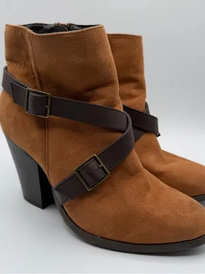 Charming Charlie Womens 7 Cognac Faux Suede Buckle Strap Block Heel Boots thumbnail 1