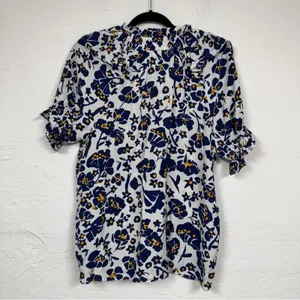 Cabellero Blue White Floral Silk Blend Blouse Womens L Puff Sleeve Boho Shirt thumbnail 7