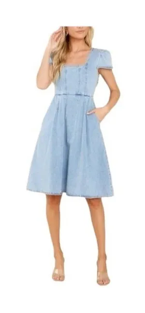 Molly Bracken Puff Sleeve Denim Dress Blue Size S Coquette Fairy Coastal Boho thumbnail 1