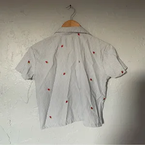 Blue and White Striped Button-Up Pajama Shirt with‎ Strawberries size Large thumbnail 4