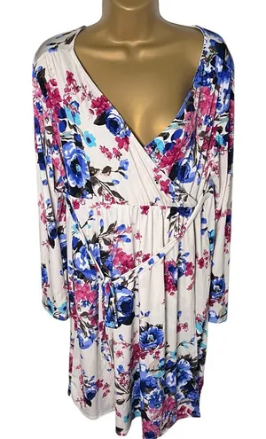 PinkBlush Floral Faux Wrap Maternity Dress Stretch Long Sleeve Beige Blue M/L thumbnail 1