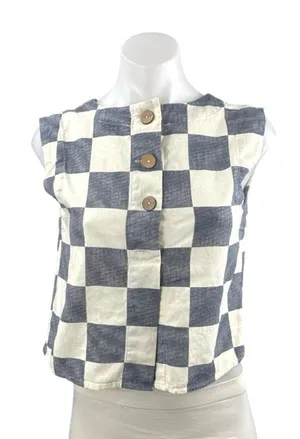 The Workshop Gray Cream Linen Checkered Sleeveless Henley Shirt Tank Top Size S thumbnail 1